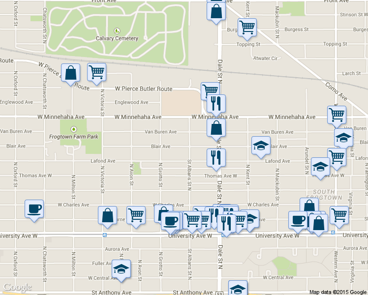 map of restaurants, bars, coffee shops, grocery stores, and more near 682 Blair Avenue in Saint Paul