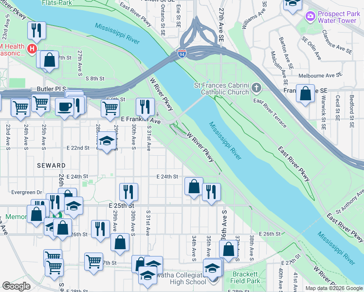 map of restaurants, bars, coffee shops, grocery stores, and more near 2232 Seabury Avenue in Minneapolis