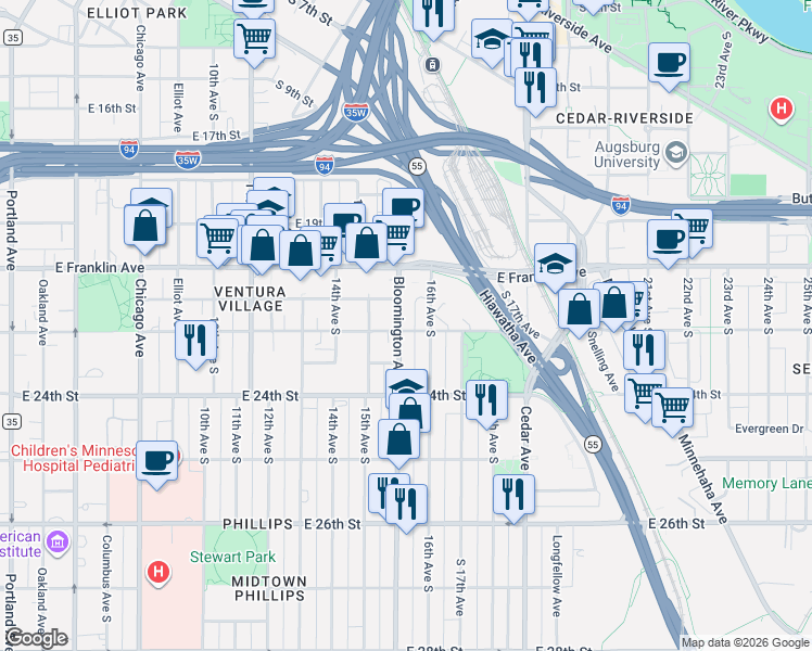 map of restaurants, bars, coffee shops, grocery stores, and more near 1522 East 22nd Street in Minneapolis