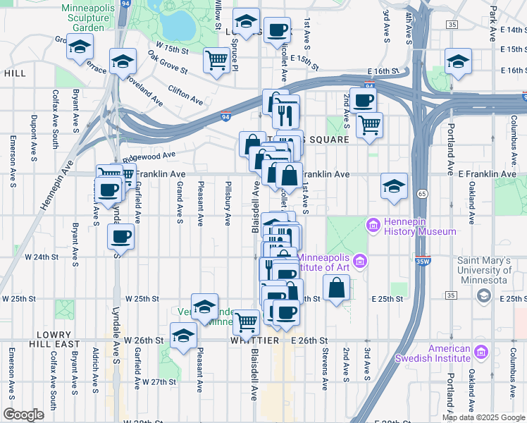 map of restaurants, bars, coffee shops, grocery stores, and more near in Minneapolis