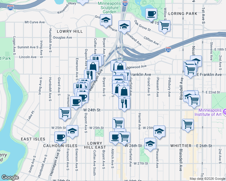map of restaurants, bars, coffee shops, grocery stores, and more near 2122 Aldrich Avenue South in Minneapolis