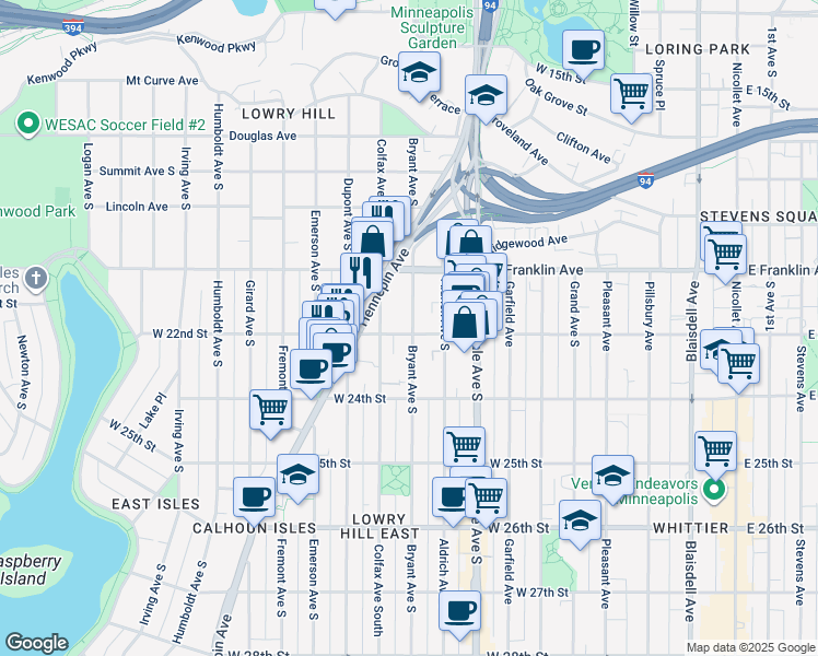 map of restaurants, bars, coffee shops, grocery stores, and more near 904 West 22nd Street in Minneapolis