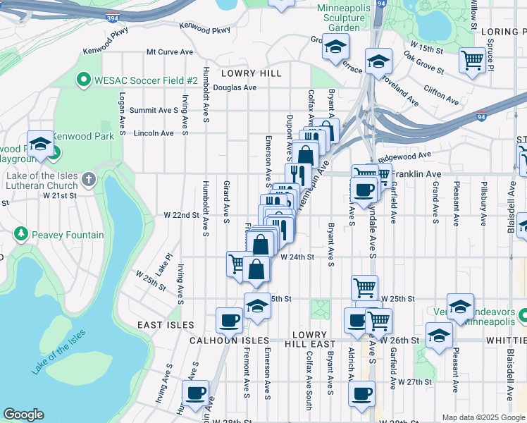 map of restaurants, bars, coffee shops, grocery stores, and more near 2129 Emerson Avenue South in Minneapolis