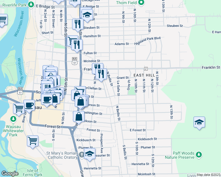 map of restaurants, bars, coffee shops, grocery stores, and more near 800 Scott Street in Wausau
