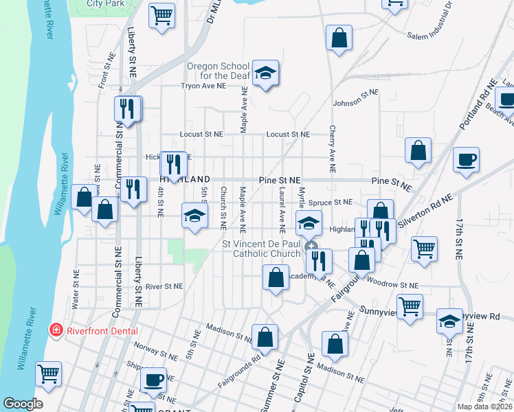 map of restaurants, bars, coffee shops, grocery stores, and more near 2271 Hazel Avenue Northeast in Salem