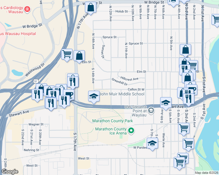map of restaurants, bars, coffee shops, grocery stores, and more near 1202 Callon Street West in Wausau