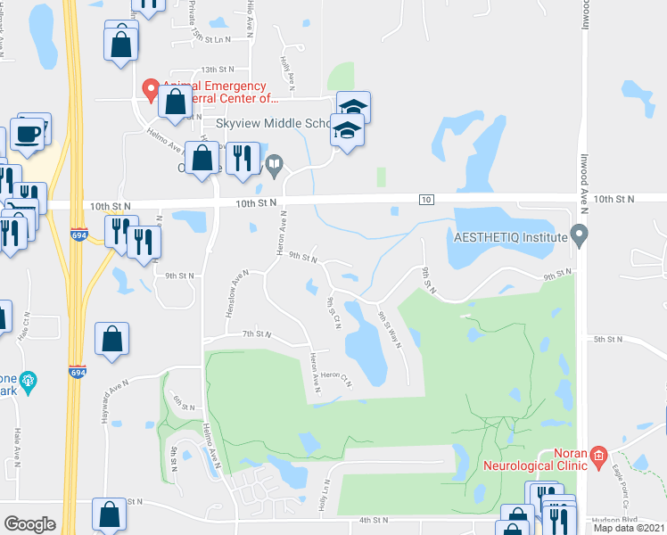 map of restaurants, bars, coffee shops, grocery stores, and more near 7950 9th Street North in Oakdale