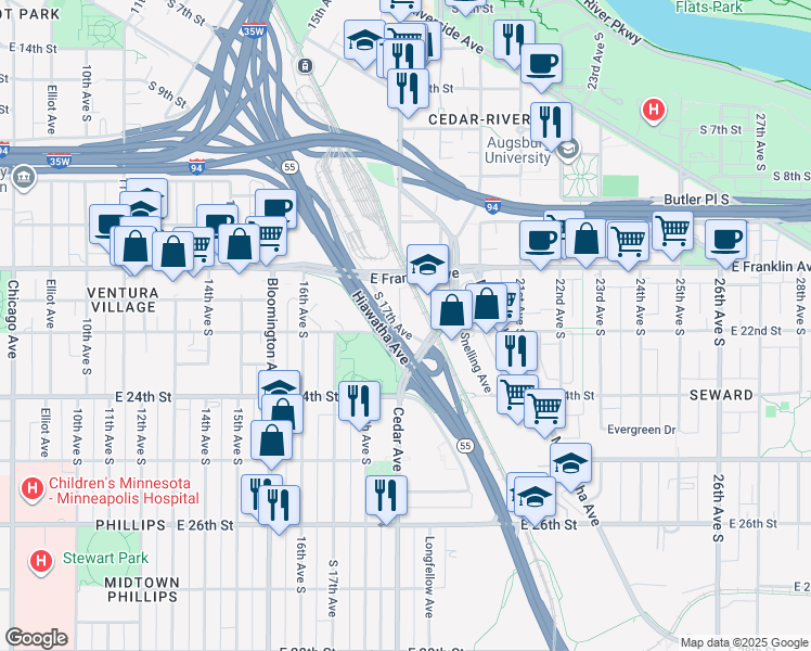 map of restaurants, bars, coffee shops, grocery stores, and more near 1800 East 22nd Street in Minneapolis