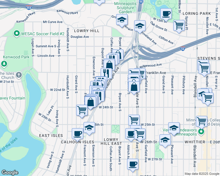 map of restaurants, bars, coffee shops, grocery stores, and more near 1006 West 22nd Street in Minneapolis