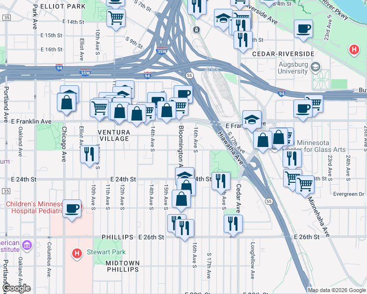 map of restaurants, bars, coffee shops, grocery stores, and more near 1522 East 22nd Street in Minneapolis