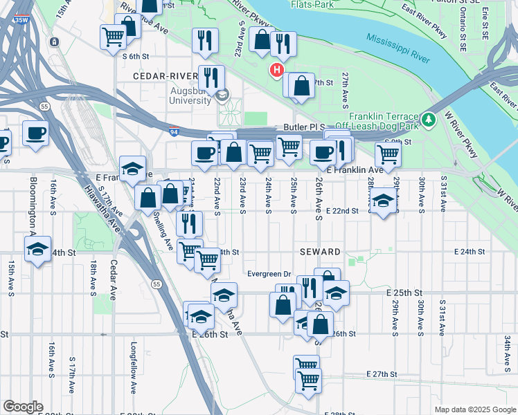 map of restaurants, bars, coffee shops, grocery stores, and more near 2316 East 22nd Street in Minneapolis