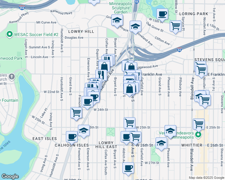 map of restaurants, bars, coffee shops, grocery stores, and more near 904 West 22nd Street in Minneapolis