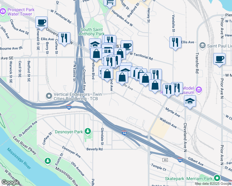 map of restaurants, bars, coffee shops, grocery stores, and more near County Highway 46 in Saint Paul