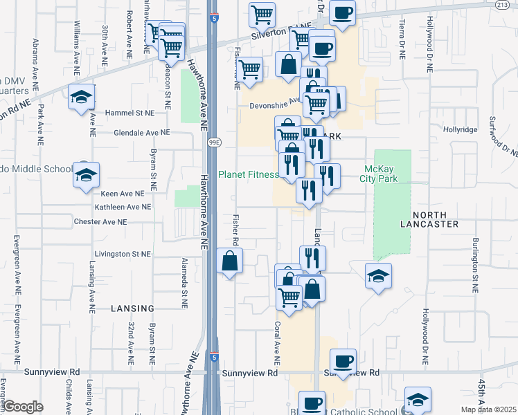 map of restaurants, bars, coffee shops, grocery stores, and more near 3712 Beverly Avenue Northeast in Salem