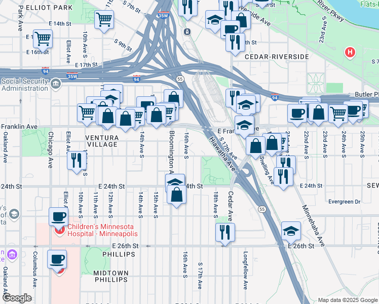 map of restaurants, bars, coffee shops, grocery stores, and more near 2123 16th Avenue South in Minneapolis