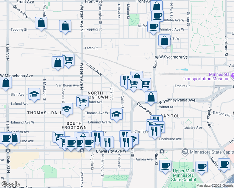 map of restaurants, bars, coffee shops, grocery stores, and more near 653 Galtier Street in Saint Paul