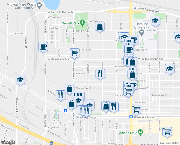 map of restaurants, bars, coffee shops, grocery stores, and more near 1744 Blair Avenue in Saint Paul