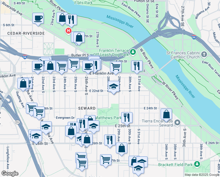 map of restaurants, bars, coffee shops, grocery stores, and more near 2806 East 22nd Street in Minneapolis