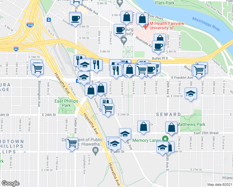 map of restaurants, bars, coffee shops, grocery stores, and more near 2126 East 22nd Street in Minneapolis