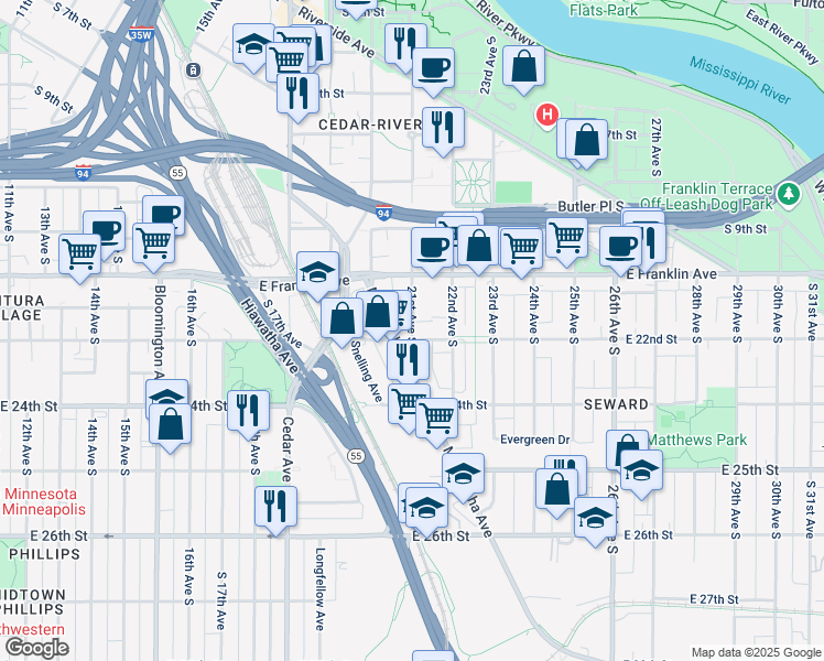 map of restaurants, bars, coffee shops, grocery stores, and more near 2201 Minnehaha Avenue in Minneapolis