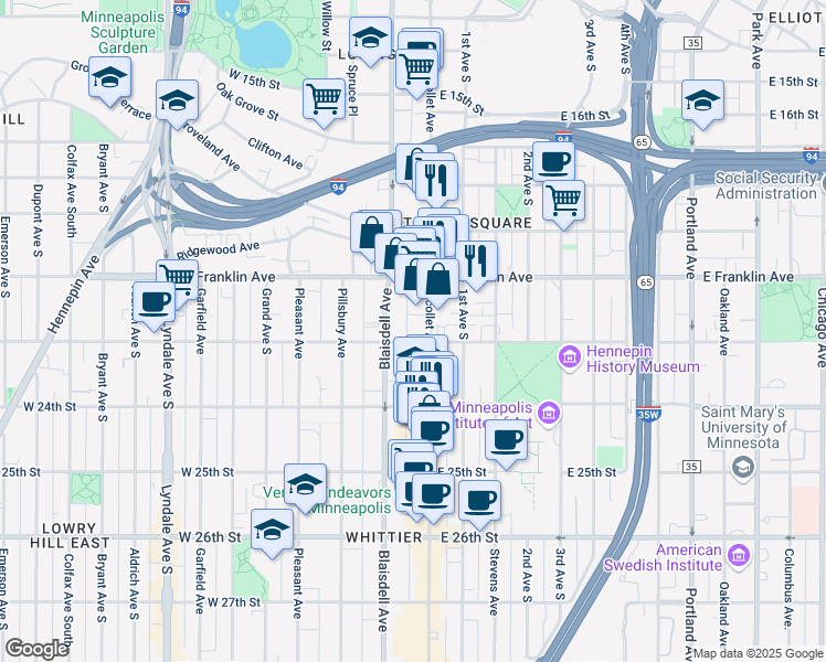 map of restaurants, bars, coffee shops, grocery stores, and more near in Minneapolis