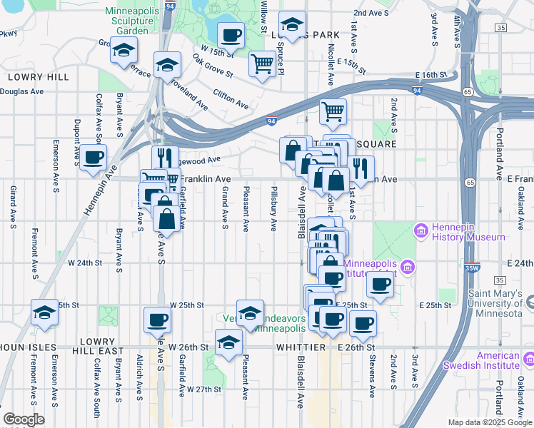 map of restaurants, bars, coffee shops, grocery stores, and more near 212 West 22nd Street in Minneapolis