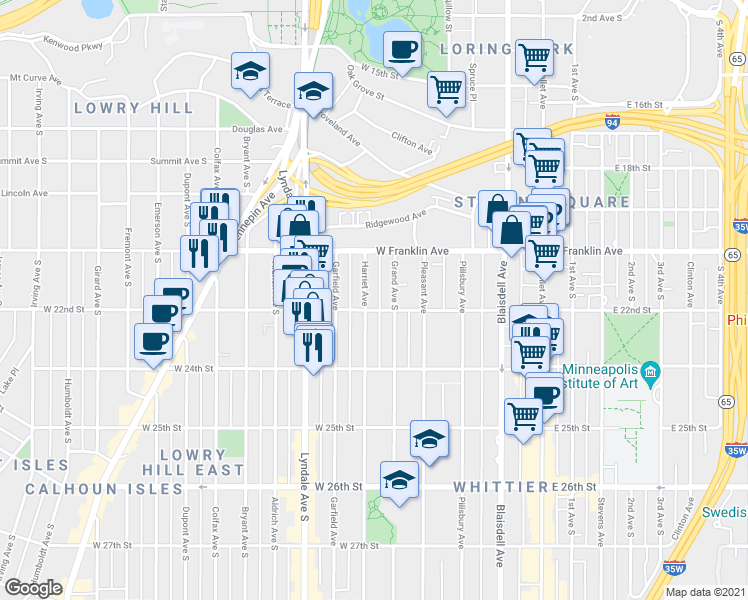 map of restaurants, bars, coffee shops, grocery stores, and more near 2125 Harriet Avenue in Minneapolis