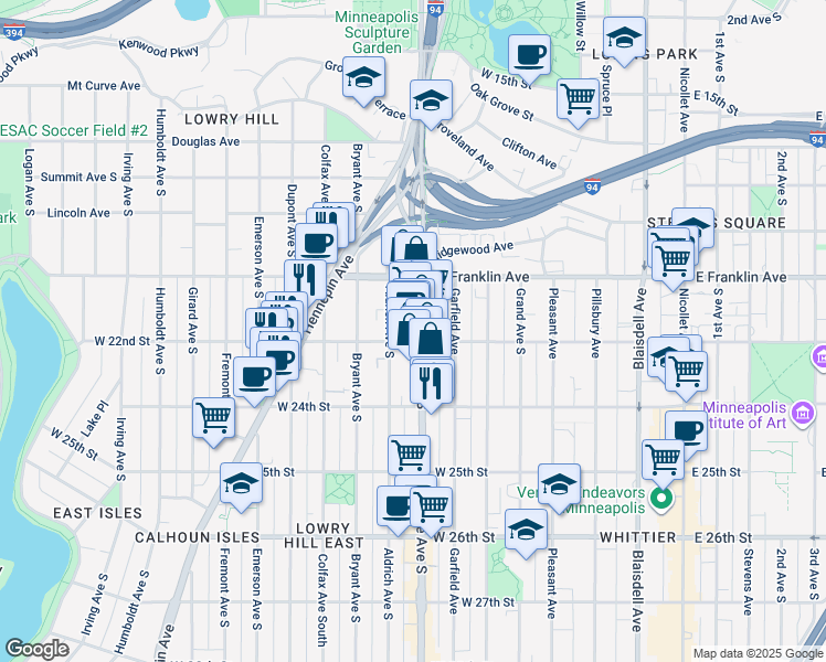 map of restaurants, bars, coffee shops, grocery stores, and more near 2106 Lyndale Avenue South in Minneapolis