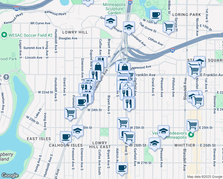 map of restaurants, bars, coffee shops, grocery stores, and more near 2122 Aldrich Avenue South in Minneapolis