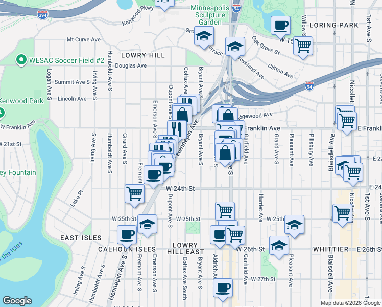 map of restaurants, bars, coffee shops, grocery stores, and more near 904 West 22nd Street in Minneapolis