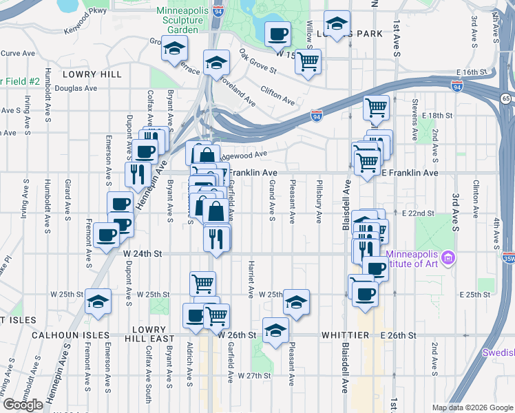 map of restaurants, bars, coffee shops, grocery stores, and more near 2125 Harriet Avenue in Minneapolis