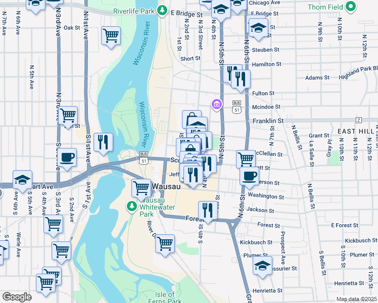 map of restaurants, bars, coffee shops, grocery stores, and more near 500 3rd Street in Wausau