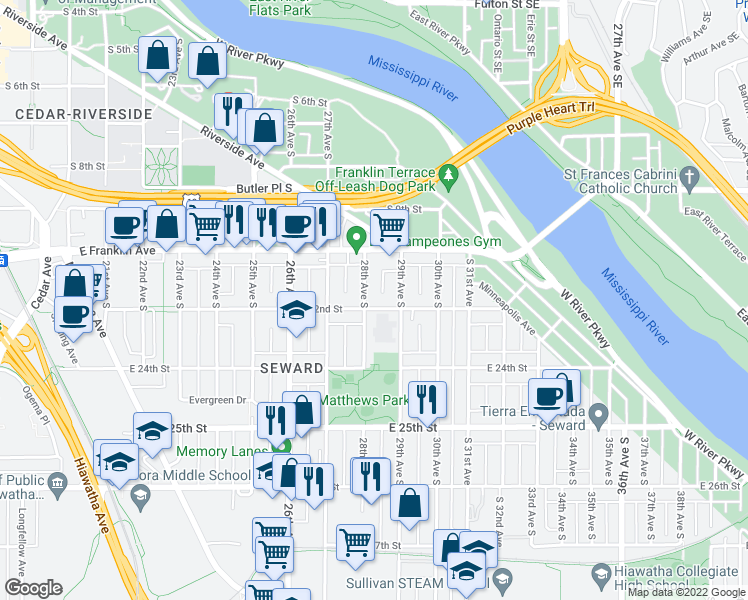 map of restaurants, bars, coffee shops, grocery stores, and more near 2806 East 22nd Street in Minneapolis