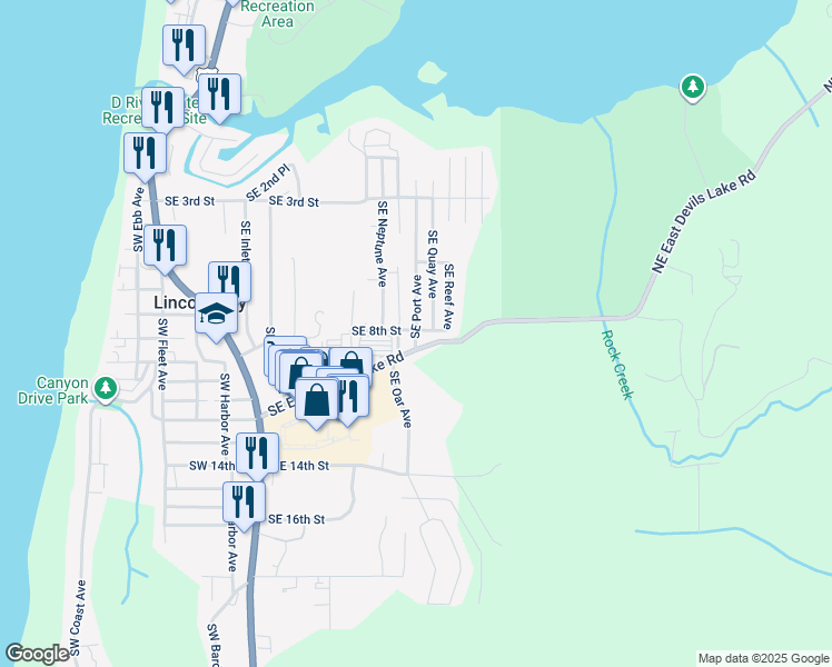map of restaurants, bars, coffee shops, grocery stores, and more near 833 Southeast Port Avenue in Lincoln City