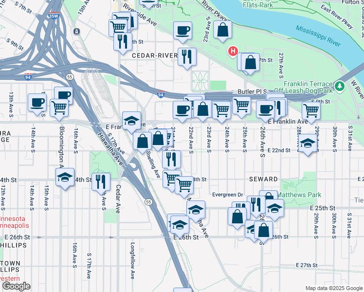 map of restaurants, bars, coffee shops, grocery stores, and more near 2126 East 22nd Street in Minneapolis