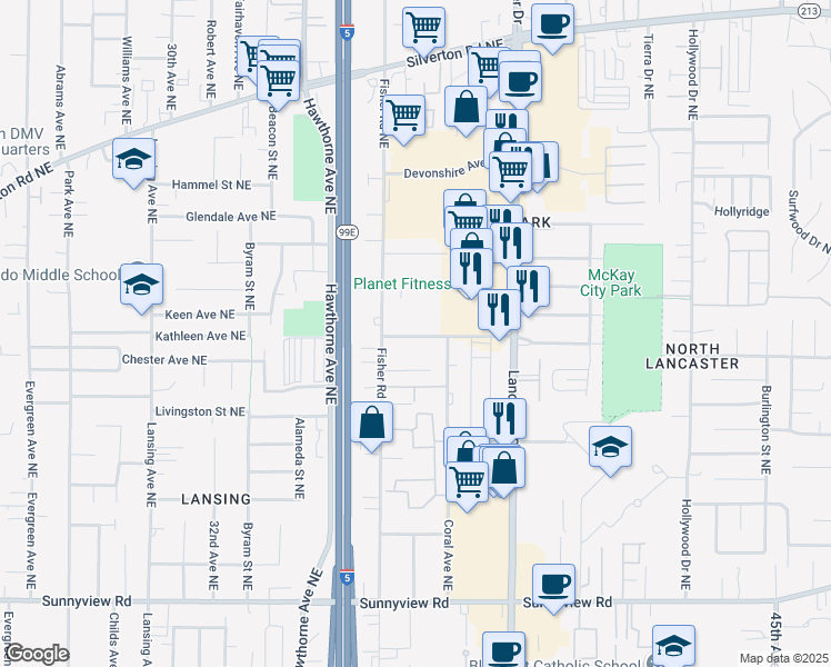 map of restaurants, bars, coffee shops, grocery stores, and more near 3655 Beverly Avenue Northeast in Salem