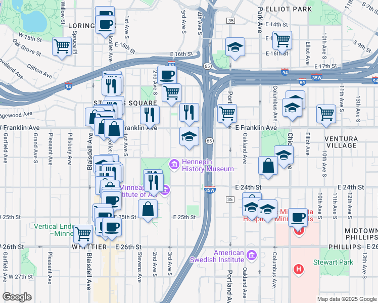 map of restaurants, bars, coffee shops, grocery stores, and more near 2211 Clinton Avenue in Minneapolis