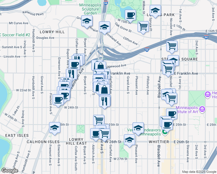 map of restaurants, bars, coffee shops, grocery stores, and more near 2124 Garfield Ave S in Minneapolis