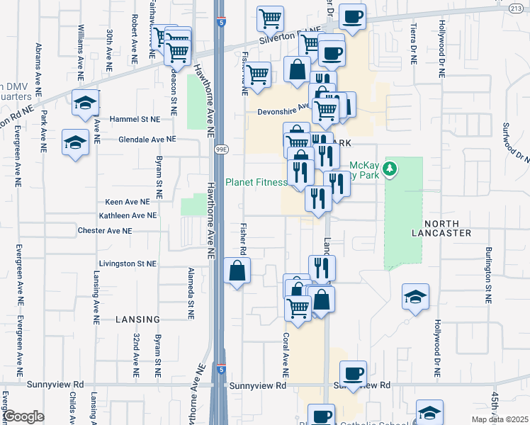 map of restaurants, bars, coffee shops, grocery stores, and more near 3672 Beverly Avenue Northeast in Salem