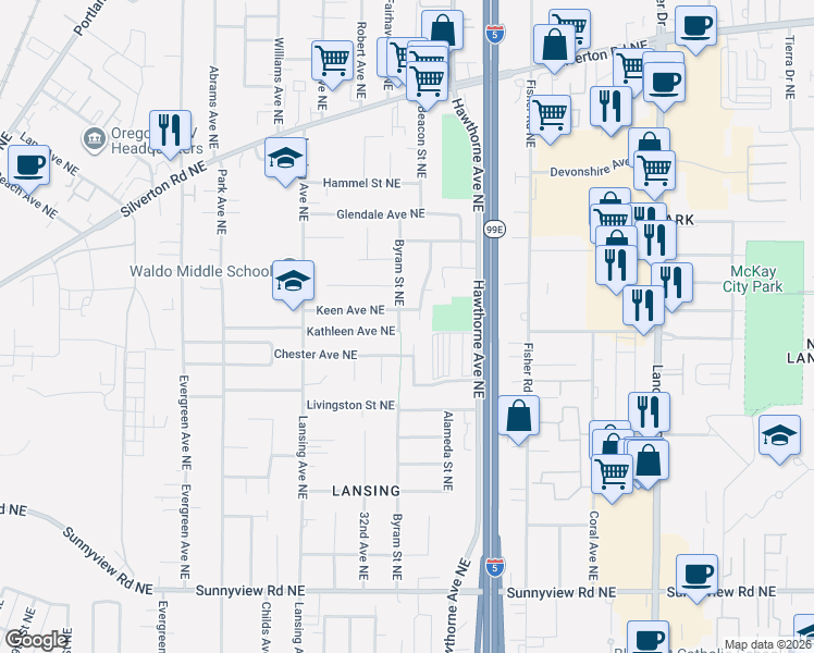 map of restaurants, bars, coffee shops, grocery stores, and more near 3290 Kathleen Avenue Northeast in Salem