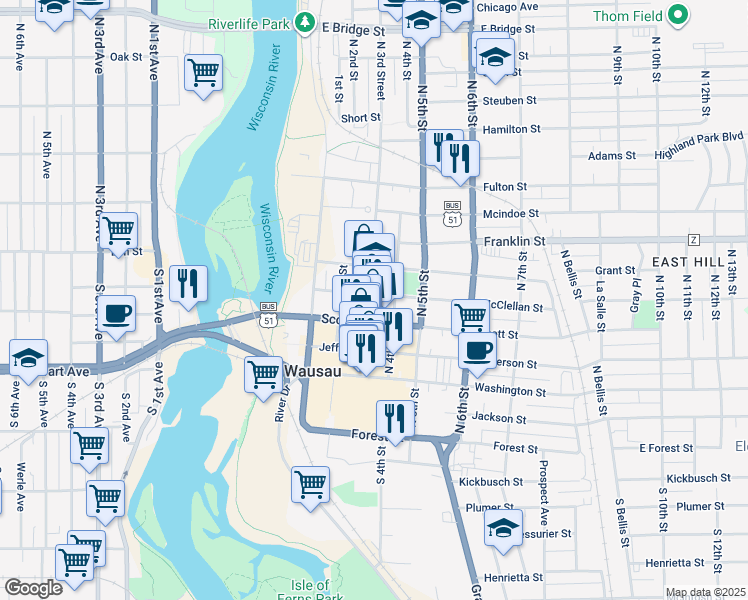 map of restaurants, bars, coffee shops, grocery stores, and more near 500 N 3rd Street in Wausau
