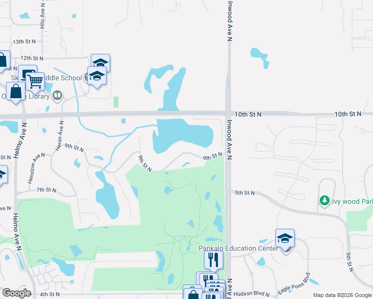 map of restaurants, bars, coffee shops, grocery stores, and more near 8349 9th Street North in Oakdale