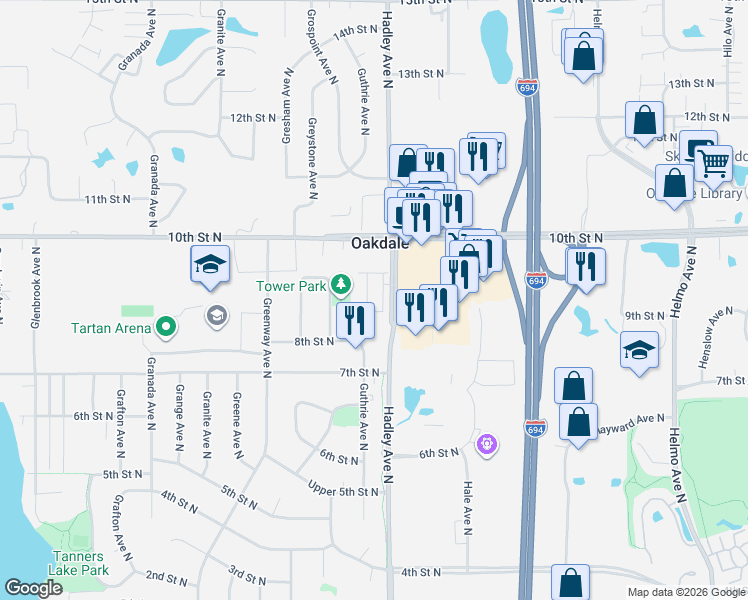 map of restaurants, bars, coffee shops, grocery stores, and more near 852 Hadley Lane North in Saint Paul