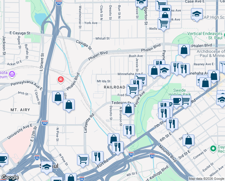 map of restaurants, bars, coffee shops, grocery stores, and more near 660 Desoto Street in Saint Paul