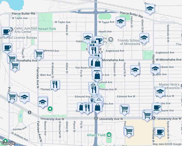 map of restaurants, bars, coffee shops, grocery stores, and more near 1600 Blair Avenue in Saint Paul