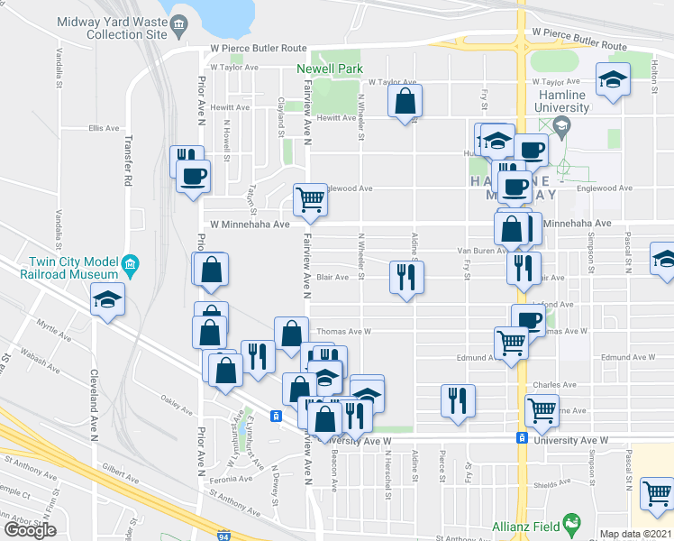 map of restaurants, bars, coffee shops, grocery stores, and more near 1780 Blair Avenue in Saint Paul