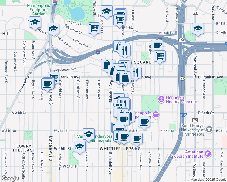 map of restaurants, bars, coffee shops, grocery stores, and more near in Minneapolis