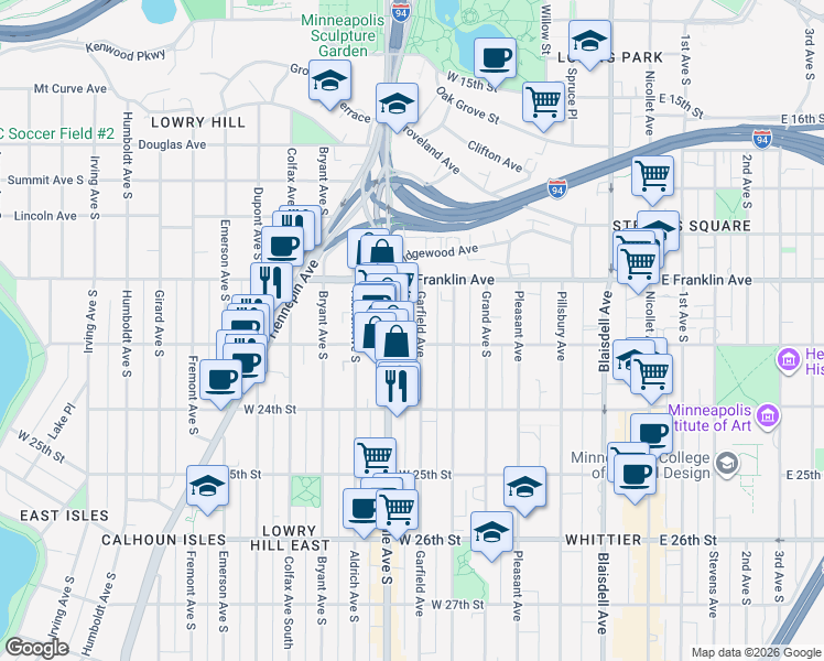 map of restaurants, bars, coffee shops, grocery stores, and more near 520 West 22nd Street in Minneapolis