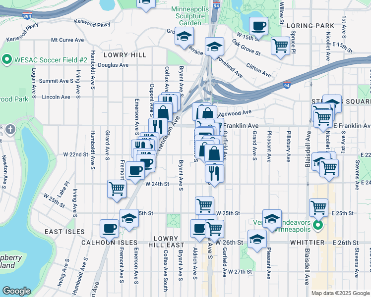 map of restaurants, bars, coffee shops, grocery stores, and more near 2122 Aldrich Avenue South in Minneapolis