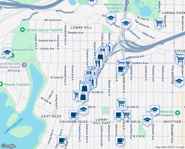 map of restaurants, bars, coffee shops, grocery stores, and more near 2129 Emerson Avenue South in Minneapolis